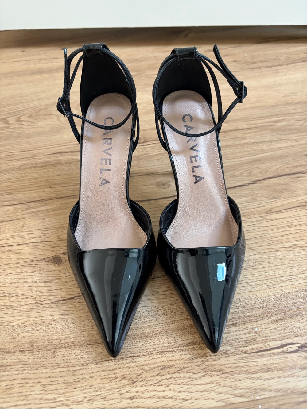 Carvela Black Patent Pointed Ankle-Strap Heels
